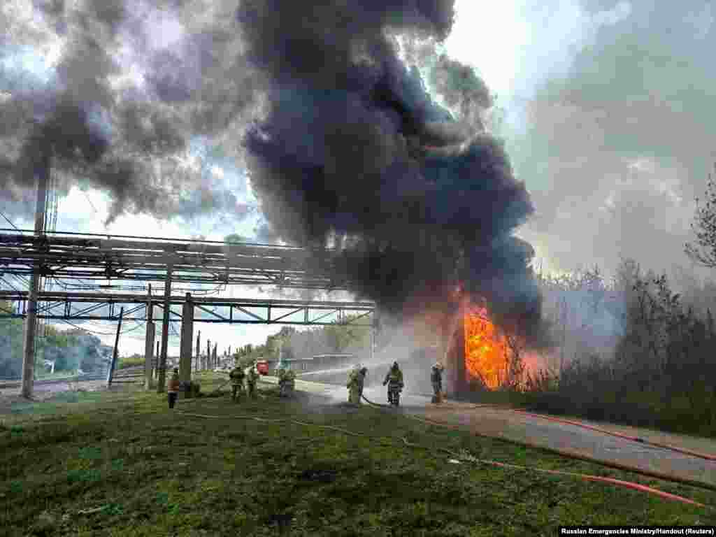 Firefighters put out a fire after an explosion at a fuel pipeline at the Sterlitamak petrochemical plant, in Sterlitamak in the Republic of Bashkortostan, Russia.