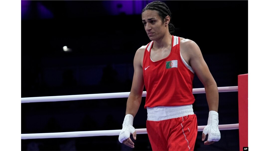 Imane Khelif of Algeria reacts after defeating Italy's Angela Carini in their women's 66-kilogram preliminary boxing match at the 2024 Summer Olympics on Aug. 1, 2024, in Paris, France.