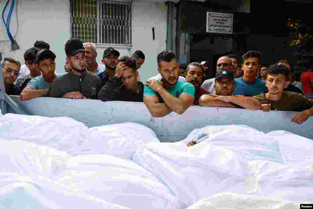 Mourners attend the funeral of Palestinians from the Shamalkh family, who health officials said were killed in Israeli strikes, in Gaza City.&nbsp;