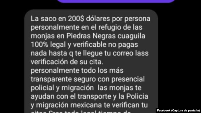 Usuario de Facebook muestra el mensaje que recibió por parte de un llamado "gestor" quien le pedía dinero a cambio de conseguir la cita de CBP One.