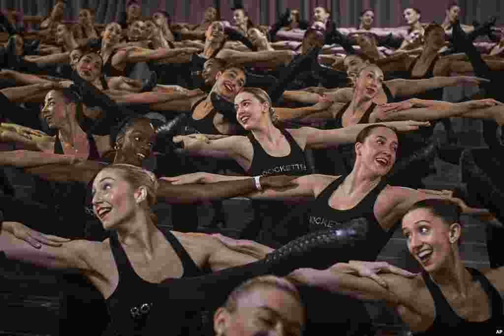 Dancers perform during a rehearsal for the &quot;2023 Christmas Spectacular Starring the Radio City Rockettes&quot; at St. Paul the Apostle Church in New York.