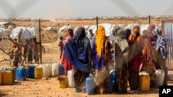 FILE - Pastoralist women and children displaced by drought collect water from a distribution point near the Farburo site for internally-displaced people in Gode, in the Somali region of Ethiopia on Jan. 27, 2018. (AP Photo/Mulugeta Ayene, File)