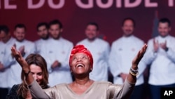 FILE - Georgiana Viou celebrates her star during the 2023 Michelin Guide ceremony in Strasbourg, eastern France, Monday, March 6, 2023.