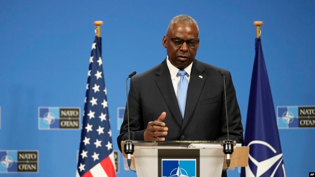 United States Secretary of Defense Lloyd Austin addresses a media conference after a meeting of NATO defense ministers at NATO headquarters in Brussels, June 14, 2024.
