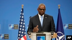 United States Secretary of Defense Lloyd Austin addresses a media conference after a meeting of NATO defense ministers at NATO headquarters in Brussels, June 14, 2024.