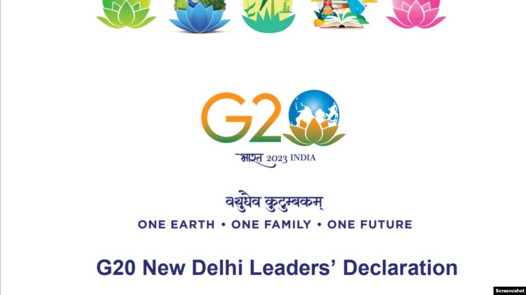 新德里20国集团峰会共同宣言封面截屏。