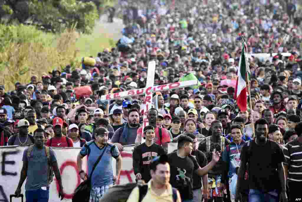 Migrants take part in a caravan towards the border with the United States in Tapachula, Chiapas State, Mexico.