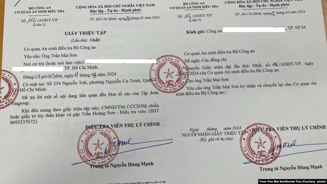 Giấy triệu tập của công an về việc ông Trần Mai Sơn viết trên mạng về VinFast, Vingroup, 26/2/2024.