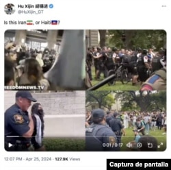 Captura de publicación de Hu Xijin en X, donde critica a Estados Unidos con imágenes de protestas estudiantiles.