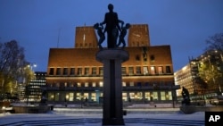 FILE - An exterior view of Oslo City Hall, the venue of the Nobel Peace Prize ceremony, photographed in Oslo, Norway, Dec. 9, 2021.