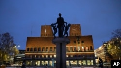 FILE - An exterior view of Oslo City Hall, the venue of the Nobel Peace Prize ceremony in Oslo, Dec. 9, 2021. For reasons that are not entirely clear, Nobel decided that the peace prize should be awarded in Norway and the other prizes in Sweden.