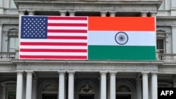 (FILE) Flags of India and US adorn the Eisenhower Executive Office Building of the White House in Washington, DC on June 20, 2023.