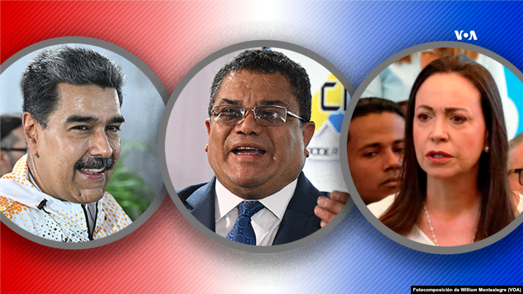 Fotocomposición realizada por la Voz de América de los candidatos que lideran los 3 grandes bloques políticos con postulados para la elección presidencial de Venezuela: Nicolás Maduro, presidente; el humorista Benjamin Rausseo; y María Corina Machado, quien no pudo inscribirse.
