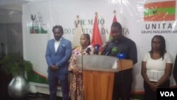 Olivio Nkilumbo, Albertina Ngolo, Liberty Chiyaka e Miahela Webba, deputados da UNITA em conferência de imprensa, Luanda, Angola 2 Agosto 2023