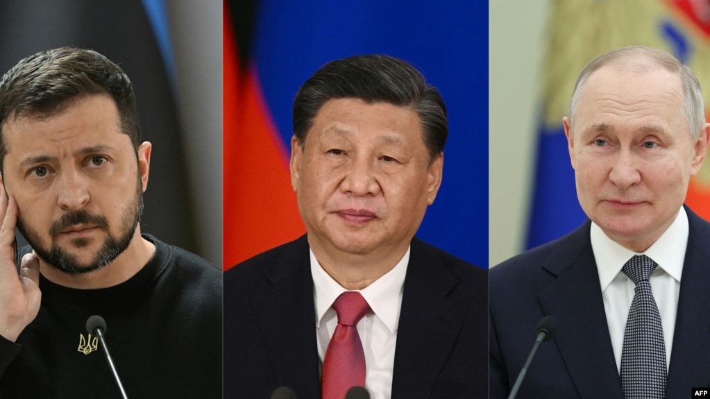 从左至右：乌克兰总统泽连斯基、中国国家主席习近平、俄罗斯总统普京。