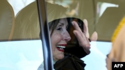 Nancy Pelosi, former Speaker of the U.S. House of Representatives waves to the crowd upon her arrival at the Kangra airport in Kangra, June 18, 2024.