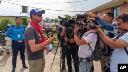 British mountaineer Kenton Cool, who successfully completed his 17th summit of Mount Everest, speaks with the media upon arrival at the airport in Kathmandu, Nepal, May 19, 2023.