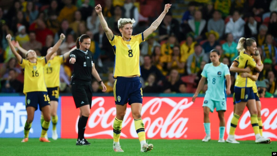 Sweden's Lina Hurtig celebrates with teammates after defeating Australian in the Women's World Cup third place playoff soccer match in Brisbane, Australia, Aug. 19, 2023.