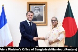 French President Emmanuel Macron meets Sheikh Hasina, Prime Minister of Bangladesh at her office in Dhaka, Bangladesh, Sept. 11, 2023.