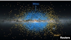 An illustration of the Milky Way band across the sky, with yellow dots showing the location of the stars from the Shakti ancient stream of stars and blue dots showing the location of the stars from the Shiva ancient stellar stream. (ESA/Gaia/DPAC/K. Malhan/Handout via REUTERS)