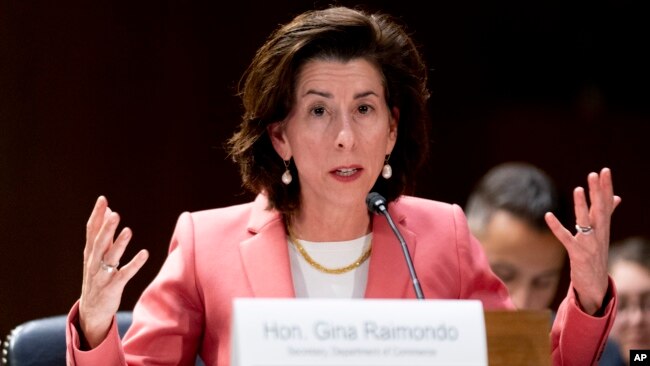 FILE - Commerce Secretary Gina Raimondo speaks during a Senate Appropriations hearing on the President's proposed budget request for fiscal year 2024, on Capitol Hill in Washington, May 16, 2023