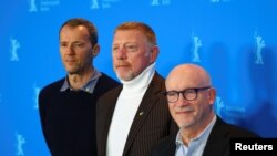 Director Alex Gibney, former tennis player Boris Becker and Producer John Battsek attend a photo call to promote documentary 'Boom! Boom! The World vs. Boris Becker' at the 73rd Berlinale International Film Festival in Berlin, Feb. 19, 2023. 