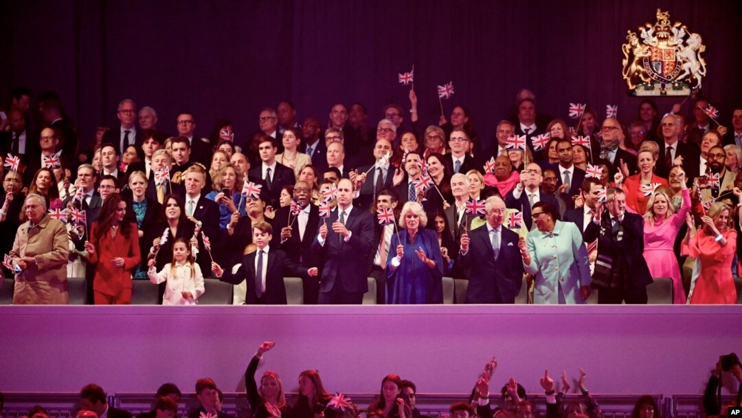 Members of the British royal family watch the concert at Windsor Castle in Windsor, England, May 7, 2023, celebrating the coronation of King Charles III. (Leon Neal/Pool Photo via AP)