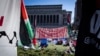 A sign for the 'Gaza Solidarity Encampment' is seen during the pro-Palestinian protest at the Columbia University campus in New York, April 22, 2024.