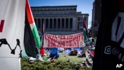 A sign for the 'Gaza Solidarity Encampment' is seen during the pro-Palestinian protest at the Columbia University campus in New York, April 22, 2024.
