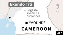 Map locating Ekondo Titi in one of the predominantly English-speaking regions of Cameroon. 