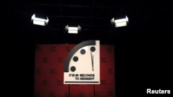 The clock with the Bulletin of the Atomic Scientists is placed ahead of the announcement of the location of the minute hand on its Doomsday Clock, indicating what world developments mean for the perceived likelihood of nuclear catastrophe, at the National Press Club in Washington.
