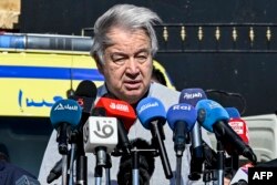 FILE—United Nations Secretary-General Antonio Guterres speaks to the media outside the Egyptian side of the Rafah border crossing with the Gaza Strip on March 23, 2024.