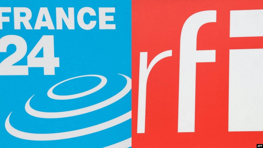 This combination of file pictures created on Aug. 3, 2023, shows the logo of the live news channel France 24, left, and the logo of Radio France Internationale (RFI). On August 3, the signals of Radio France Internationale and France 24 were blocked inside Niger.