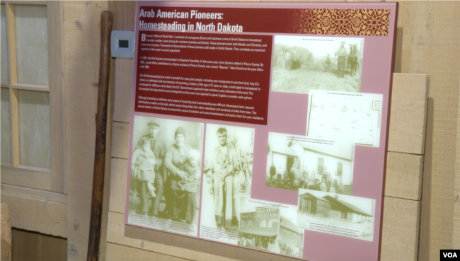 An exhibit featuring Arab American pioneers at the Arab American National Museum in Dearborn, Michigan, Feb. 29, 2024. (VOA Photo)