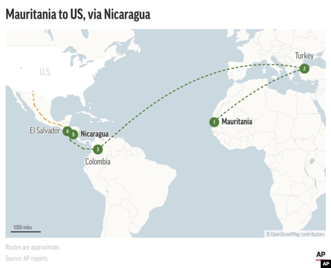 Migrants from Mauritania are finding a new way to get to U.S. borders: through Nicaragua. (AP Graphic)