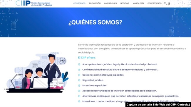 Captura de pantalla realizada por la VOA el 24 de enero de 2024 al sitio web oficial del Centro Internacional de Inversión Productiva de Venezuela, presidido por el empresario colombiano Alex Saab, donde se describen sus objetivos.