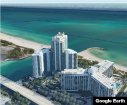 3D "Google Earth" ilustracija kompleksa "One Bal Harbour" (lijevo) na Floridi u kojem Viktor Perevalov posjeduje dva stana koja Sekretarijat za pravosuđe pokušava da zapijeni