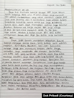 Surat Ria Restiana, seorang pekerja rumah tangga berusia 33 tahun, yang sudah malang melintang bekerja di rumah hingga di perkantoran. (Courtesy)