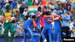 India's national cricket team celebrates after winning the ICC Men's T20 World Cup against South Africa in Kensington Oval, Bridgetown, Barbados, June 29, 2024.
