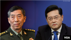 中国官媒报道，中国国防部长李尚福(左)被免除职务，前外交部长秦刚（右）的国务委员职务也被免除。（2023年10月24日）