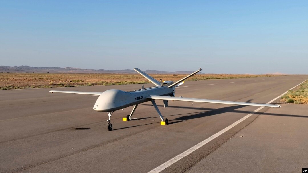 This image released by the official website of Iran's Defense Ministry on Aug. 22, 2023, shows the Mohajer-10 drone at an undisclosed location in Iran.