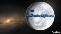 An illustration shows Earth during the Marinoan Ice Age, 651-635 million years ago, when ice sheets covered most of the planet's surface. (Huyue Song/Handout via Reuters)