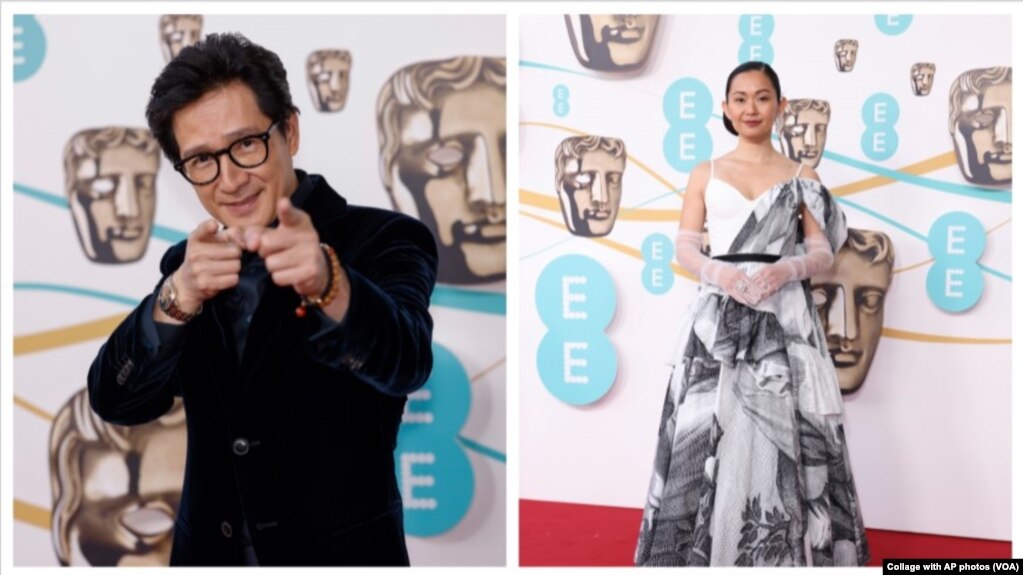 Ke Huy Quan (ảnh trai) và Hong Chau (ảnh phải) tại lễ trao giải BAFTA của Viện Hàn lâm điện ảnh Anh Quốc ở London hôm 19/2. Cả hai diễn viên Mỹ gốc Việt đều được đề cử cho giải Oscar dự kiến được trao tối ngày 12/3 tại Los Angeles.
