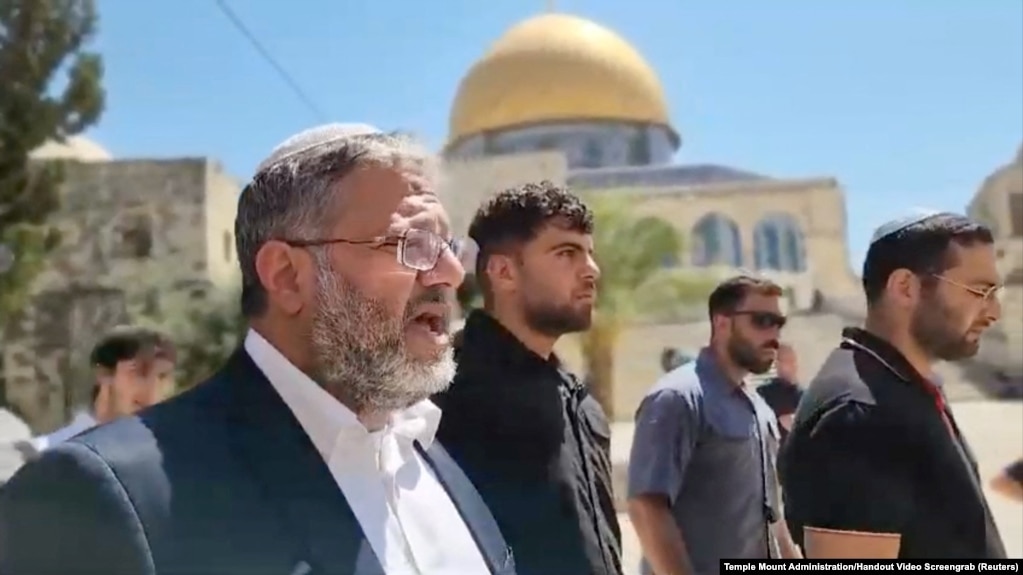 Israeli National Security Minister Itamar Ben-Gvir, left, visits Al-Aqsa compound also known to Jews as the Temple Mount, in Jerusalem's Old City on Aug. 13, 2024, in this video still obtained from a handout video. (Temple Mount Administration/Handout via Reuters)