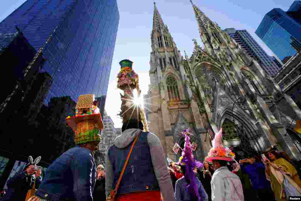 Revelers take part in the annual Easter Parade and Bonnet Festival on 5th Avenue in Manhattan, New York City, April 9, 2023.