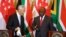 South African President Cyril Ramaphosa, R, and Singapore Prime Minister Lee Hsien Loong attend a media briefing and signing ceremony at Tuynhuys in Cape Town, South Africa, May 16, 2023.