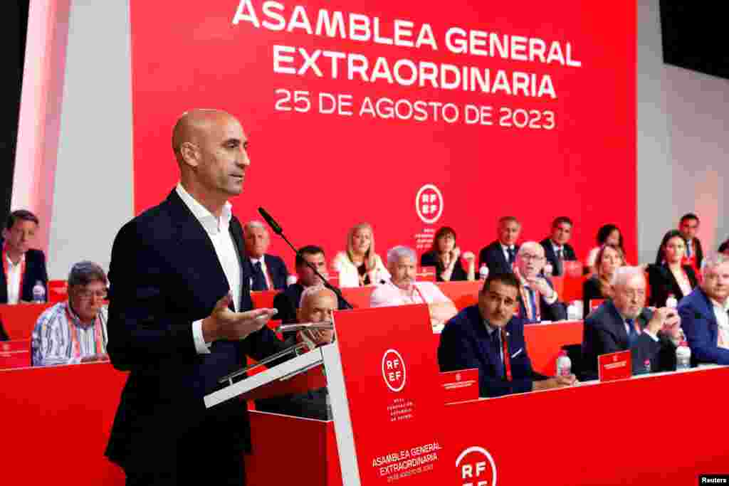 President of the Royal Spanish Football Federation Luis Rubiales announces he will not resign as president during the meeting in Las Rozas, Spain, to address the uproar that has ensued after he kissed a player on the lips without her consent following Spain&#39;s victory in the Women&#39;s World Cup championship. (RFEF/Handout via Reuters)