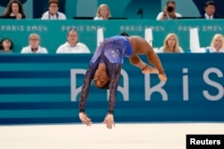 Simone Biles of the United States competes on the floor exercise in the final of the women’s artistic gymnastics all-around competition in Bercy Arena at the 2024 Paris Olympics in Paris, Aug. 1, 2024. (Jack Gruber/USA TODAY Sports)