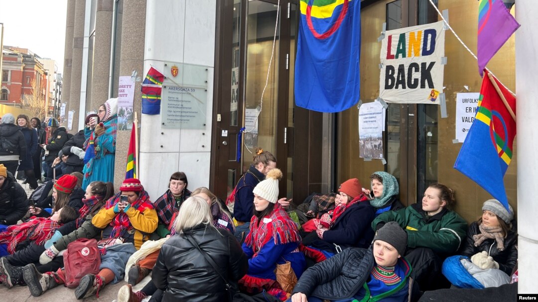 Greta Thunberg attends a demonstration, with environmental and Sami rights activists blocking the entrances to the Ministry of Oil and Energy, in Oslo, Feb. 27, 2023. 