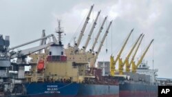 FILE - The Eaubonne bulk carrier ship docks in the port of Mombasa, Kenya, Nov. 26, 2022. The Ukraine grain deal, vital for Africa, is set for automatic renewal unless Moscow or Kyiv objects. 